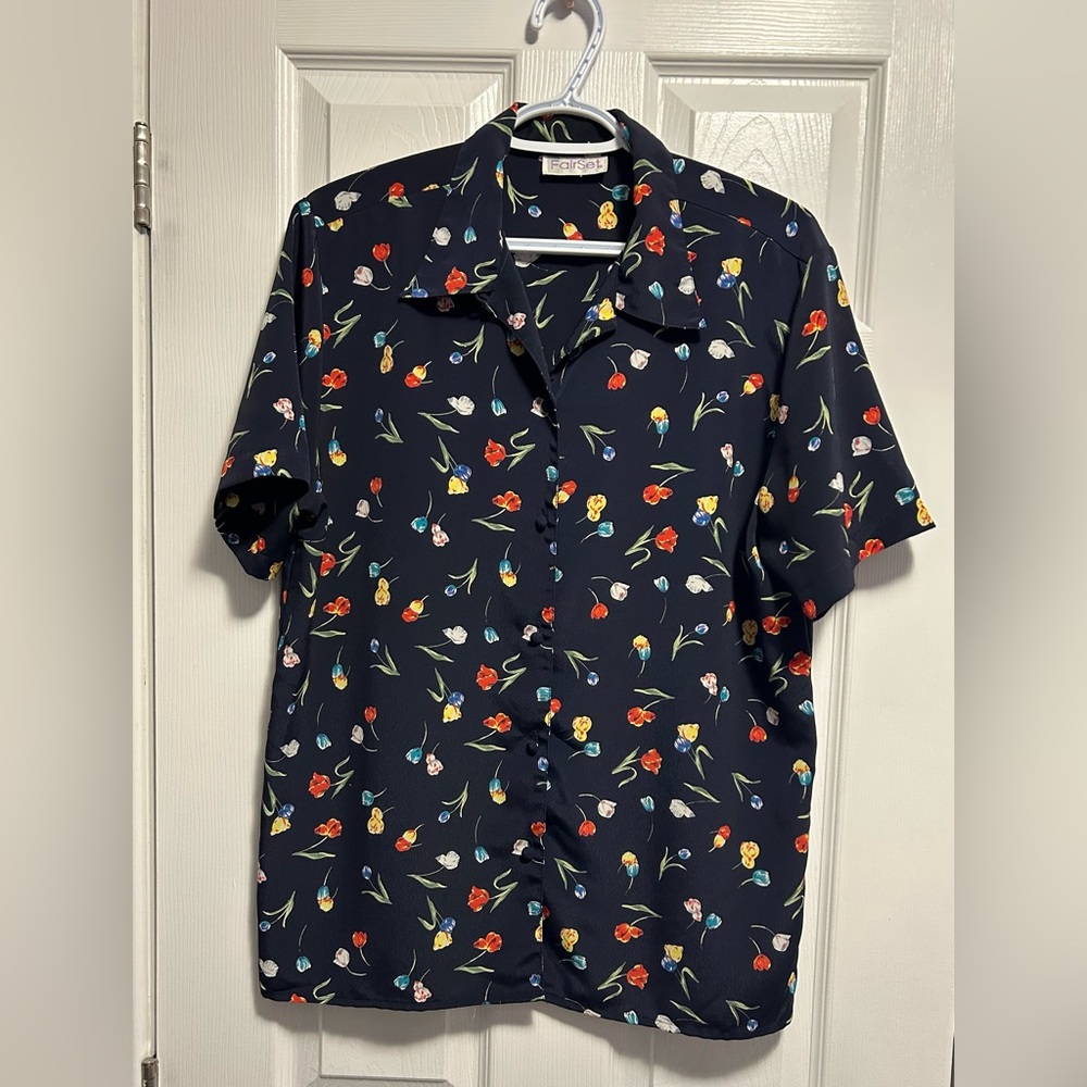 Vintage Navy Floral Button-Up Blouse